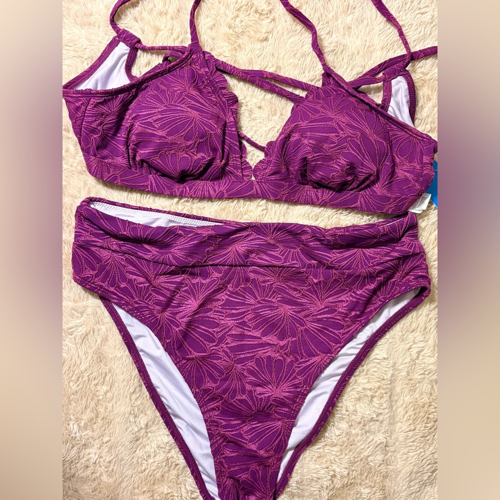 Cupshe Purple Floral Textured Bikini Set